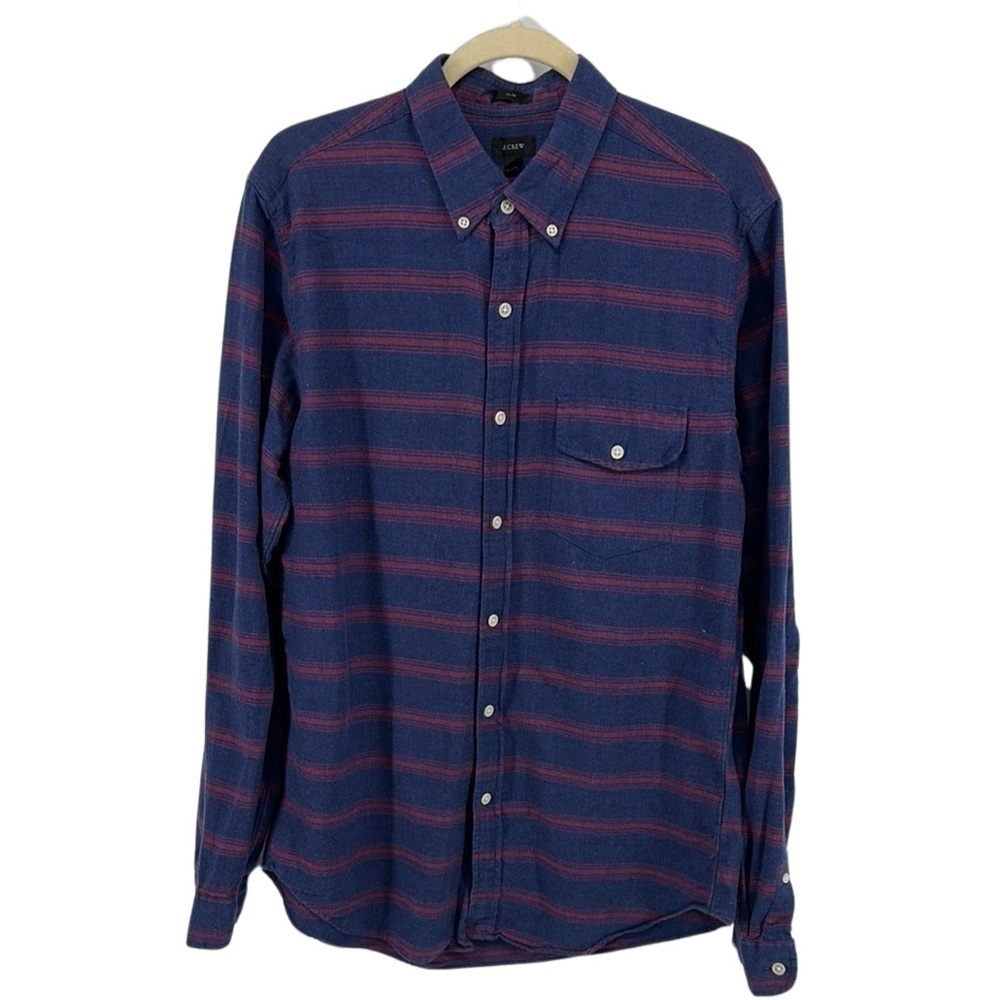 J Crew Mens Slim Fit Cotton Button Down Shirt Navy Red Stripes Size Large